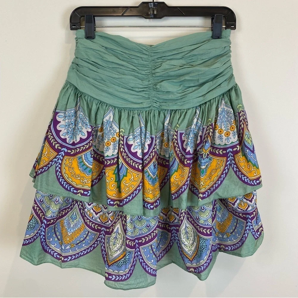 Anthropologie LetMeBe Tiered Bohemian Mini Skirt Sz S Lined‎ Ruched Waist Fairy